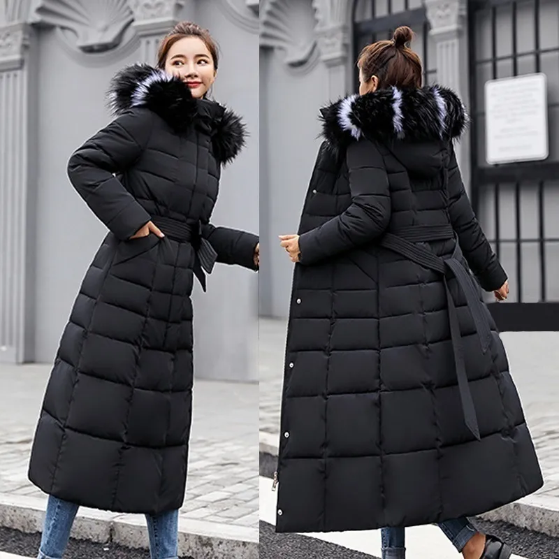Womens Winter Down Parka Jacket With Bow Belt And Fur Collar