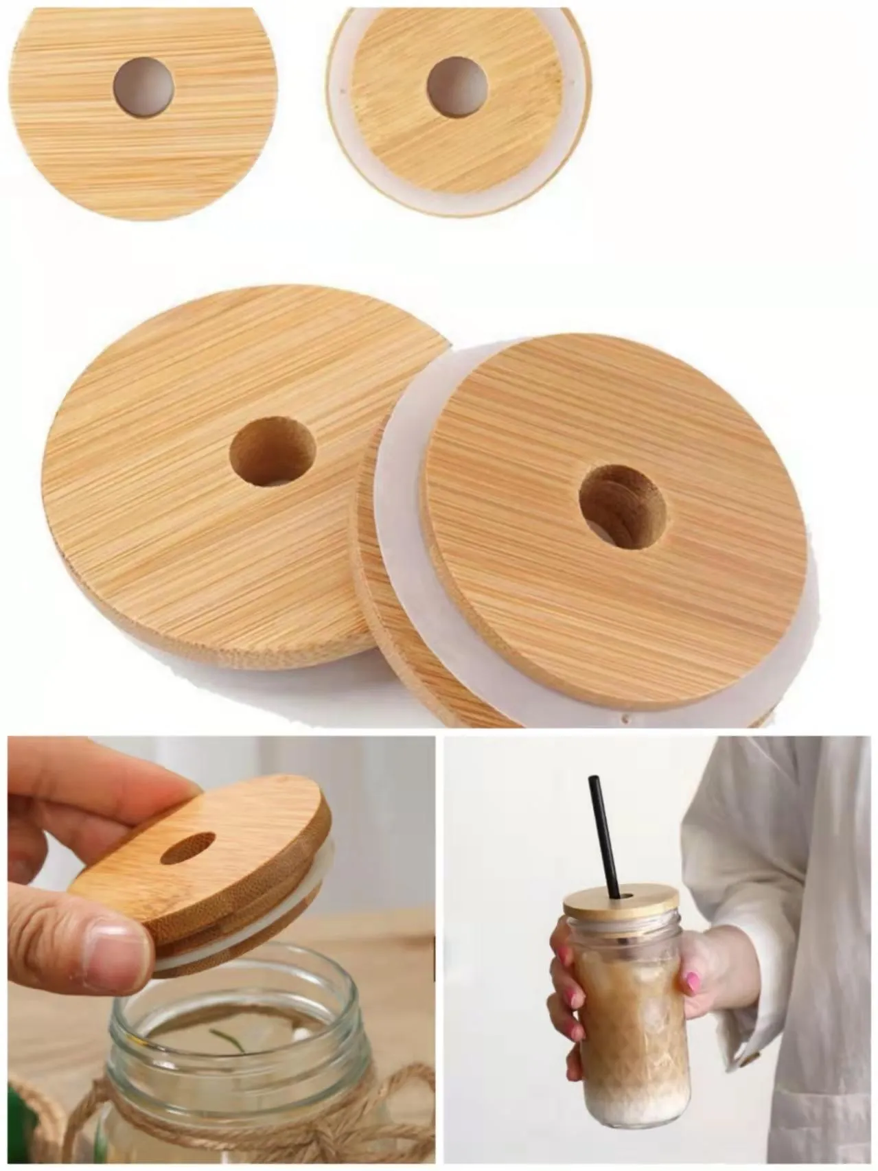 Tapas de tapa de bambú 70 mm 88 mm Tapa de tarro de madera reutilizable con orificio para paja y sello de silicona RRE14922