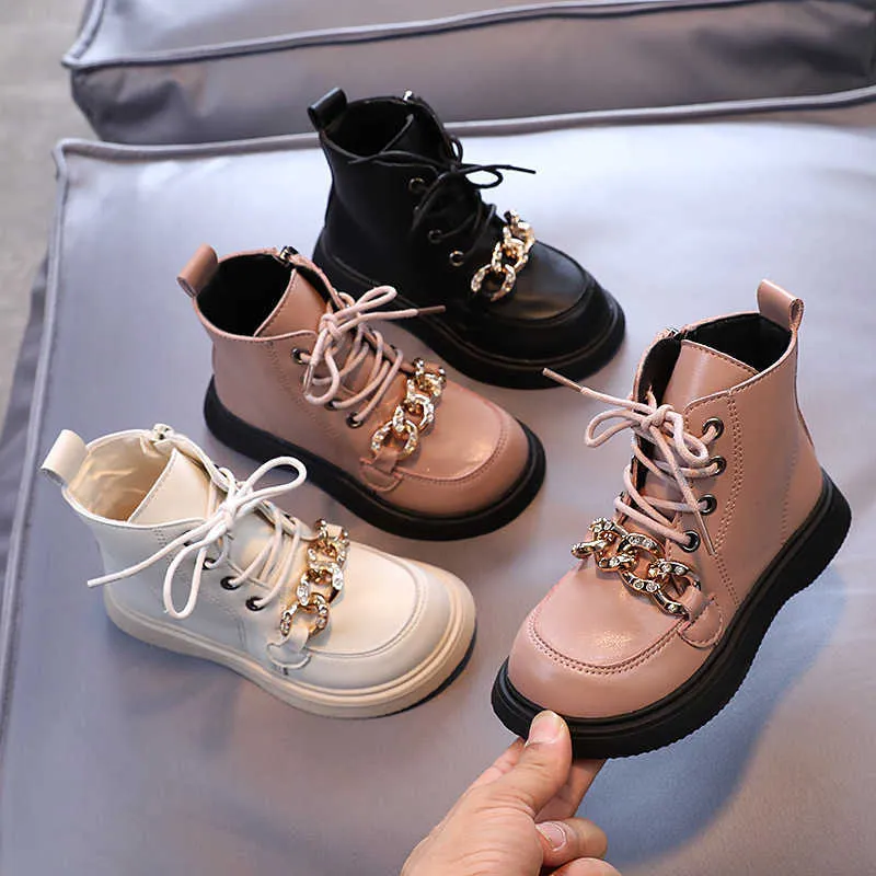 Boots Crystal Metal Chain Girls Fashion PU Leather Solid Ankle Shoes For Children Spring Autumn Zip Soft Anti Slip Kid Y2210