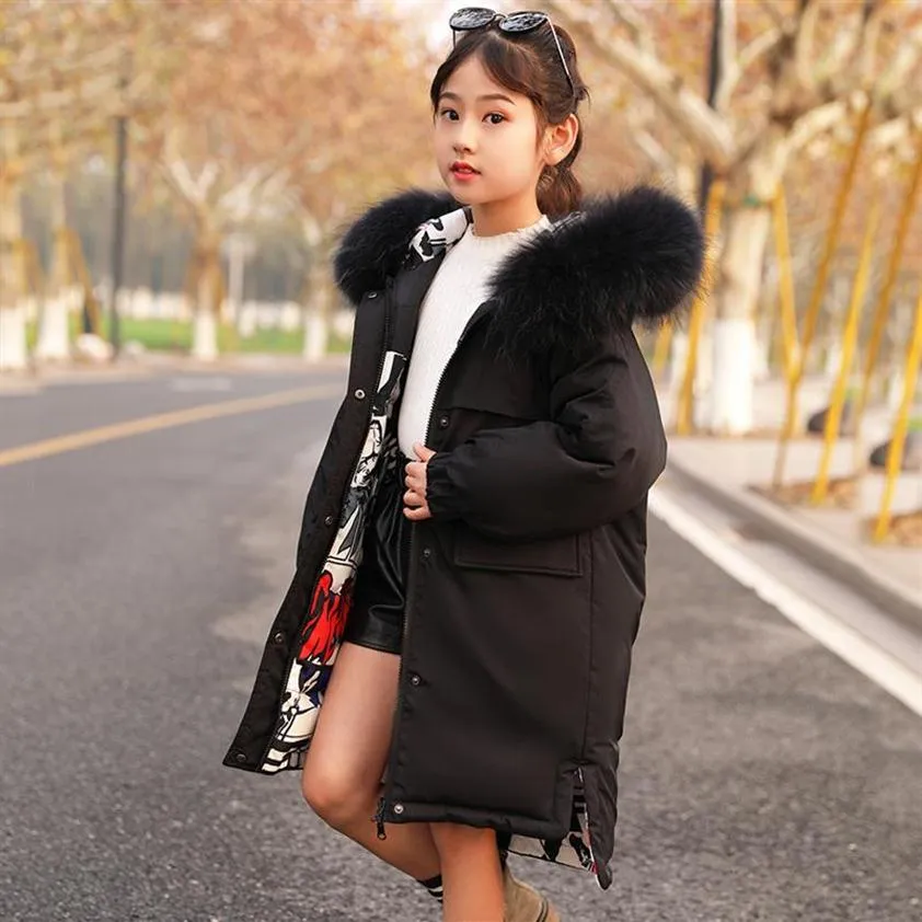 Обратимый дизайн зимний девочка вниз к курткам дети, дети, согревают, Parkas Coat Real Fur Kid, подростка, верхняя одежда -30DEGREE211V