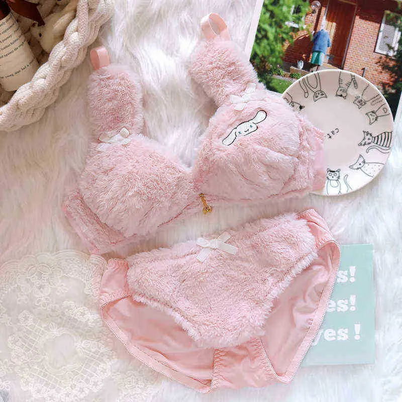 ブラスセットWriufred Plush Japanines No Steel Ring Bra Set Dog Print Cute Girl Heart Rabbit Rabbit Underwear set Winter T220907