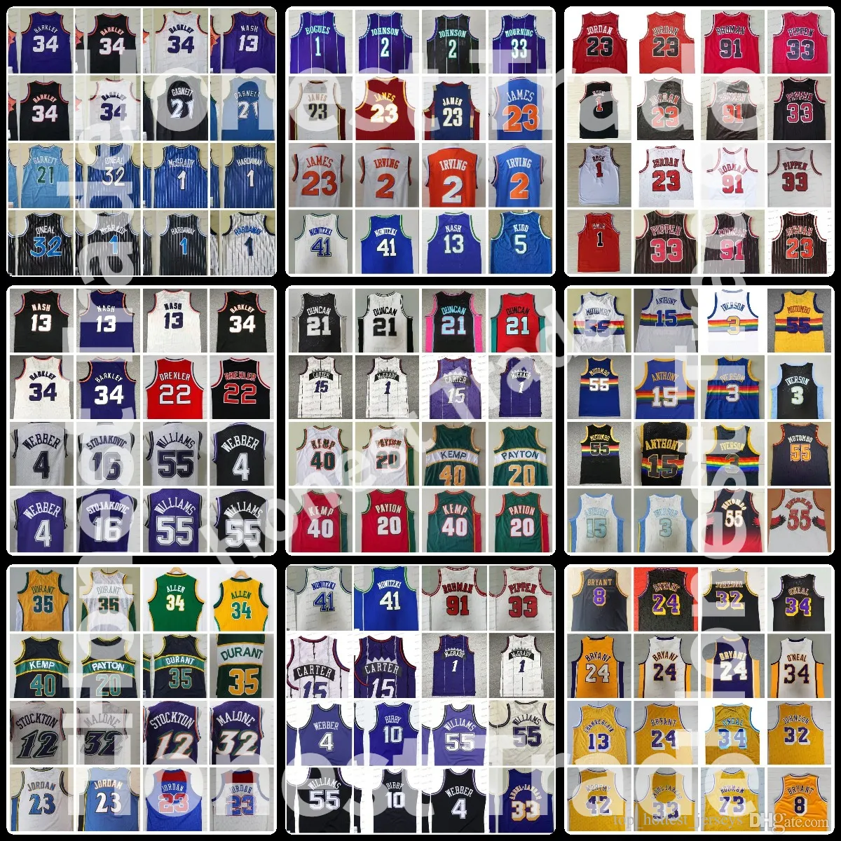 Retro basketbal jersey Irving 1 Bogues Johnson McGrady 32 Shaq Kemp Abdul Jabbar Gary Payton Vince Carter Mutombo Bibby Rodman Vintage Mens Stitched Jerseys Mesh