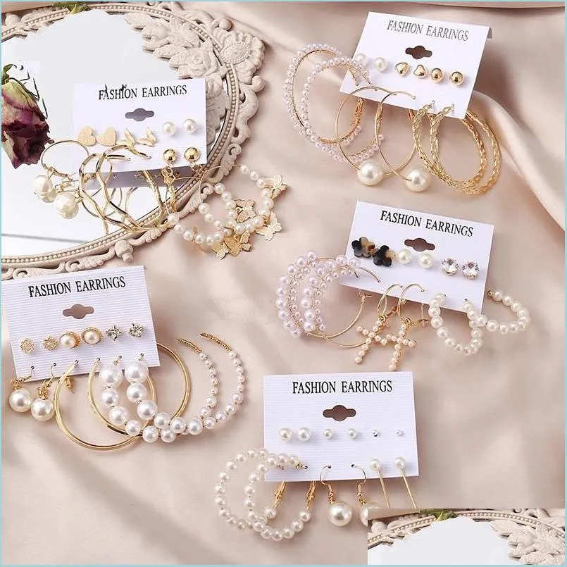 Stud Vintage Pearl Earrings Stud For Women Big Gold Cross Set of Earring Long Tassel Butterfly Dange Drop Delivery 2022 Sieraden DHXCX