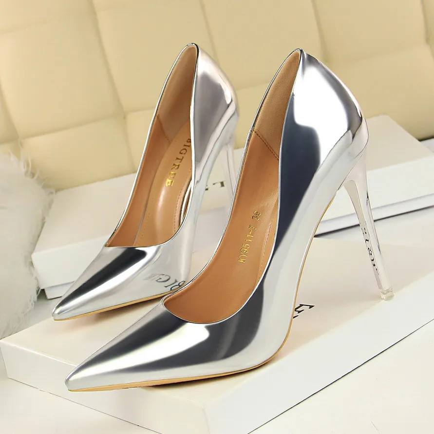 Fashion metal heel high heels womens shoes high heels shallow mouth pointed sexy nightclub thin single shoes 2022