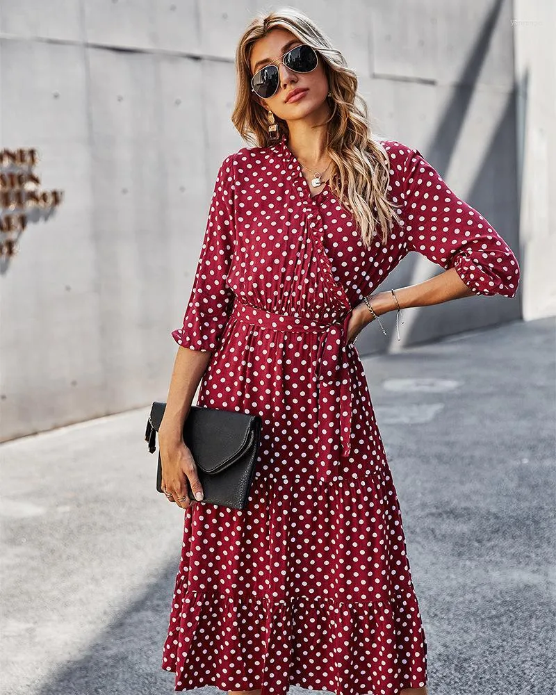 Casual jurken lente zomerjurk mooie dot print verbanden vrouwen ruche v nek hoge taille elegant lang voor vrouwenkleding