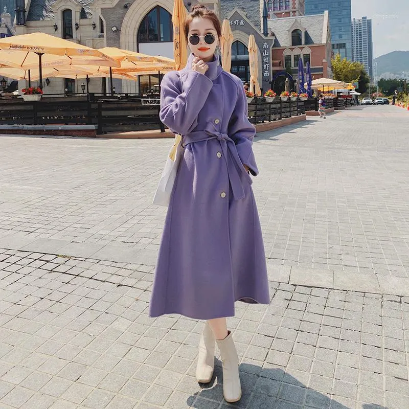 Kvinnors ull vinter ullrock kvinnlig lång lös lavendel modejacka ren färg vild koreansk casual lapel kvalitet förtjockande damer