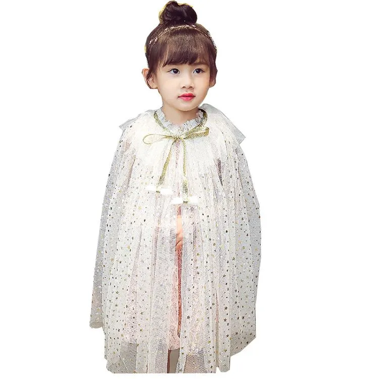 Kids Girls Tulle Stars Sequins Cloak Poncho Thin Cape Shawl with String Children Fashion Cape Clothes Girl Princess Costume For Halloween Cosplay