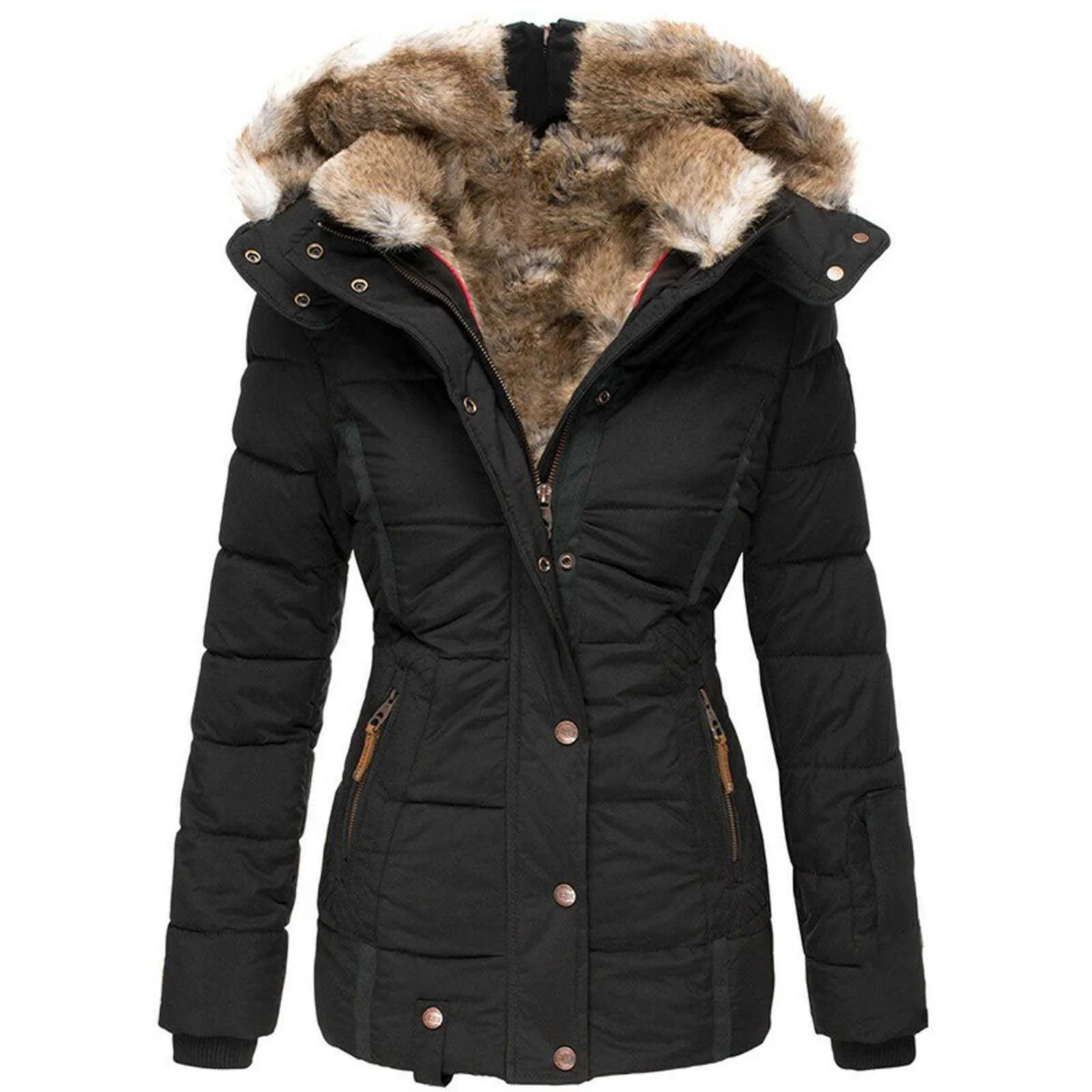Women's Down Parkas Cotton Padded Fur Parka Womens Winter Lapel Buttons Long Trench Thick Warm Jacket Ladies Overcoat Outwear Female Pockets Parkas T221011