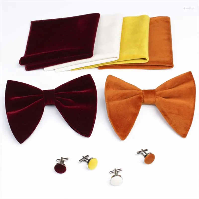 Bow Ties 1920s Mens Fashion Big Velvet Bowtie Pocket Square Cufflinks Set Birkendy Bule Solid Hanky ​​Suit Bruidegom Accessoires