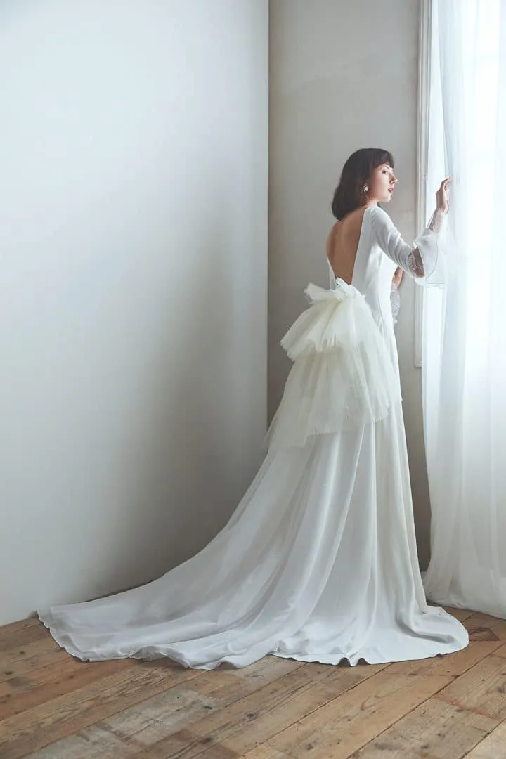 modest backless dress Satin Wedding Dress Open Back,Long Sleeves Wedding Dress,Modest Wedding Dress,WD00401, US4 / Champagne