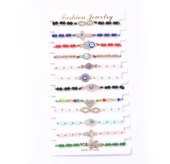 12 pièces/ensemble dinde bleu mauvais œil perles brins Bracelet femmes à la main tissé corde chaîne perles de cristal Bracelets fille fête d'anniversaire bijoux cadeau