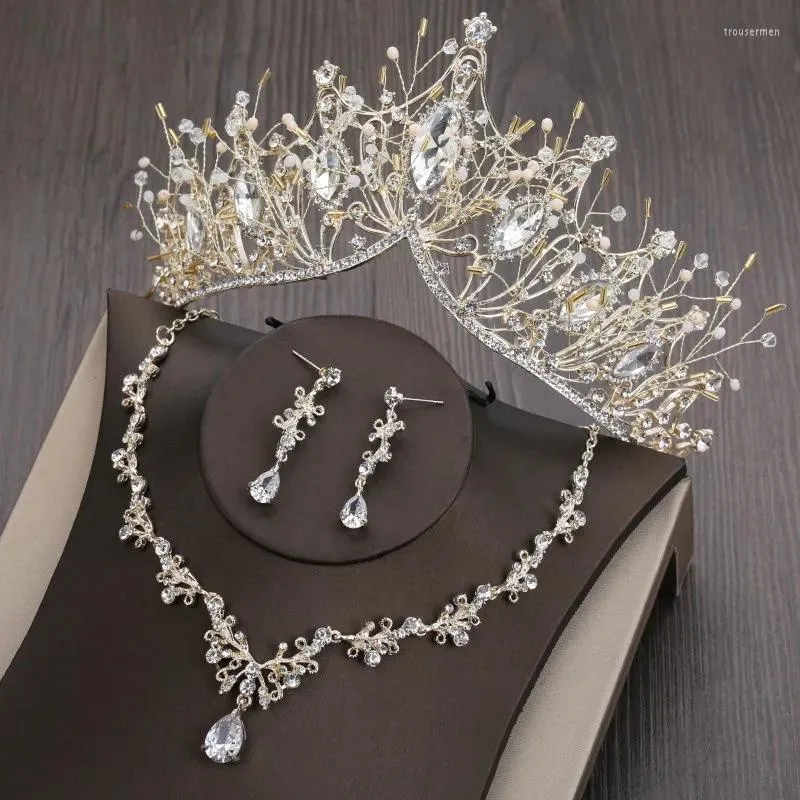 Başlıklar Lüks Altın Gümüş Düğün Aksesuarları 3 Parçalar Krallar Küpe Gelin Takı Moda Rhinestone Doğum Günü Taç