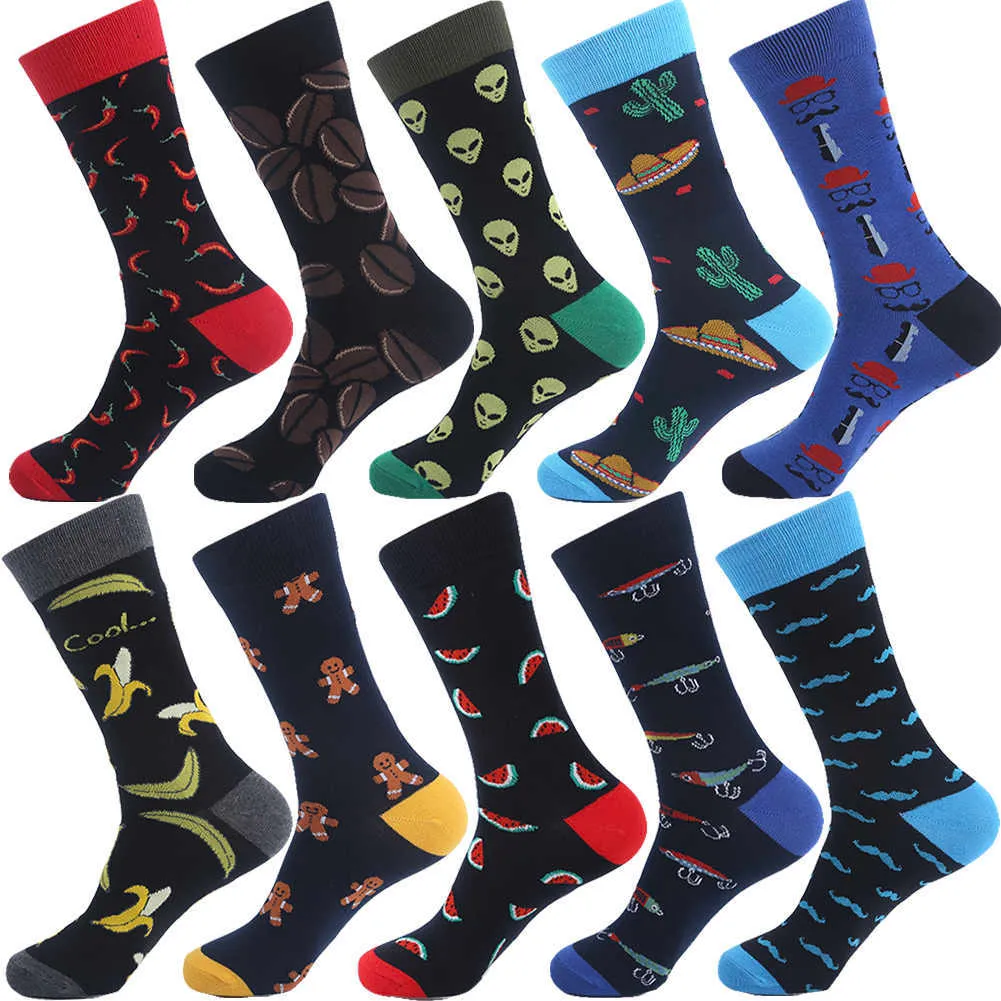 Calzini da uomo VPM Marca Calzini da uomo in cotone Divertente Hip Pop Frutta Banana Peperoncino Chicchi di caffè Alien Long Cool Skate Sock per uomo T221011