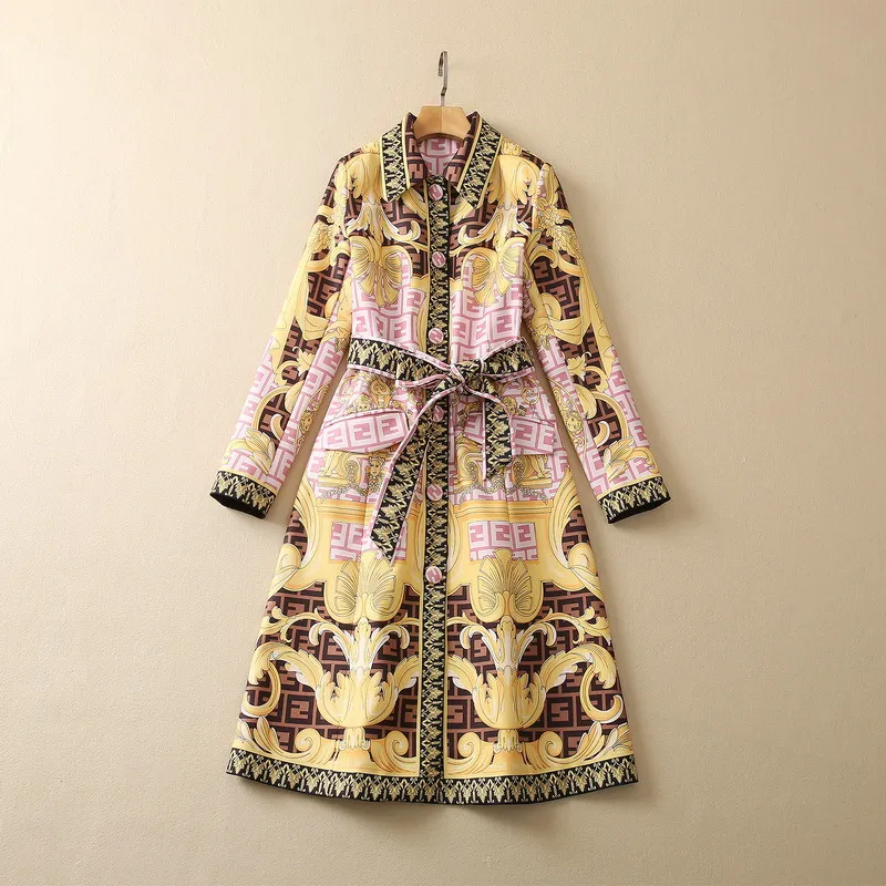 2022 Herbst Revers Hals Rosa Paisley Print Gürtel Trenchcoat Khaki Langarm Knöpfe Einreiher Lange Outwear Mäntel S2O08CT