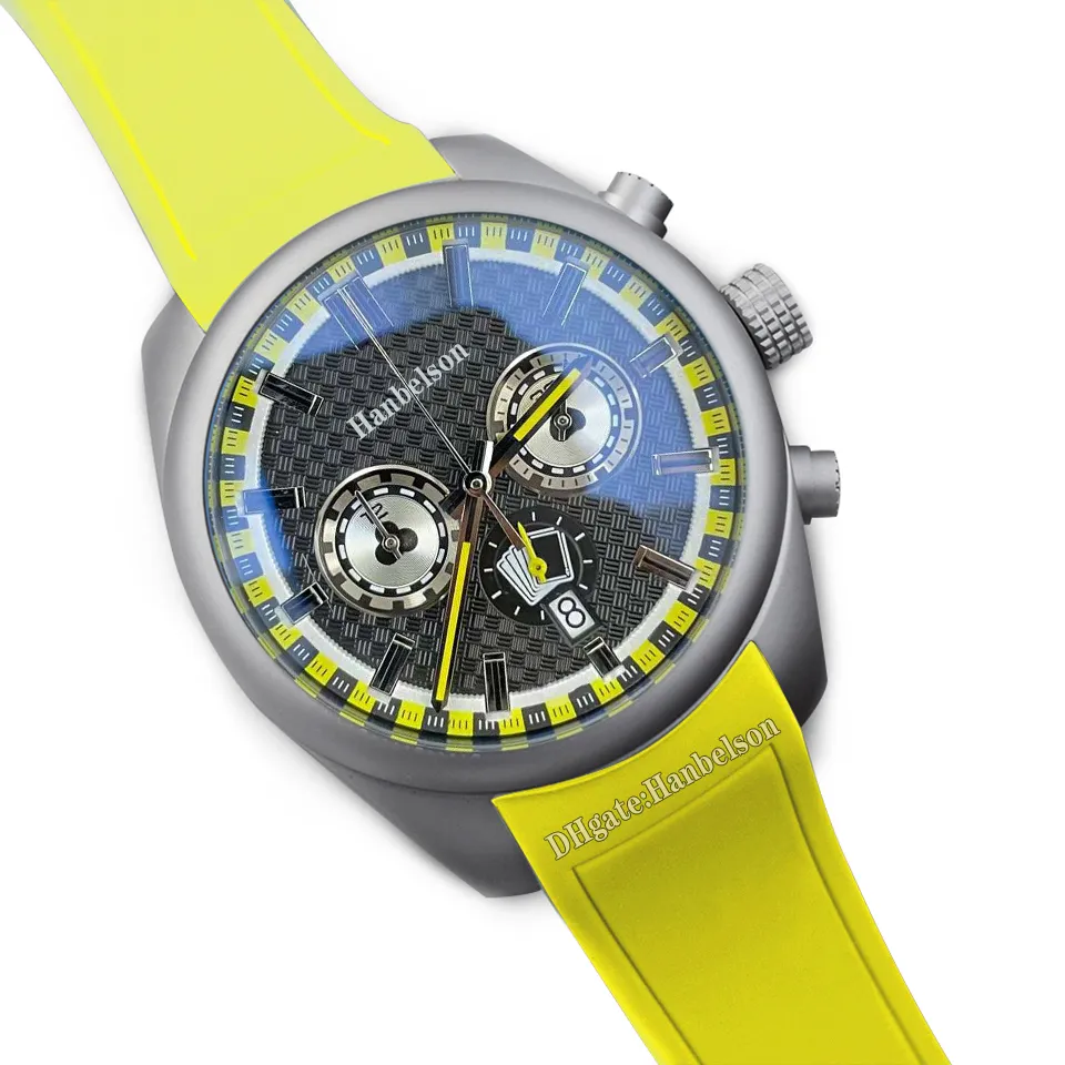 마카오 스페셜 에디션 남성 시계 VK63 크로노그래프 쿼츠 무브먼트 스틸 케이스 제한 노란색 섬유 다이얼 가죽 스트랩 남성 손목시계