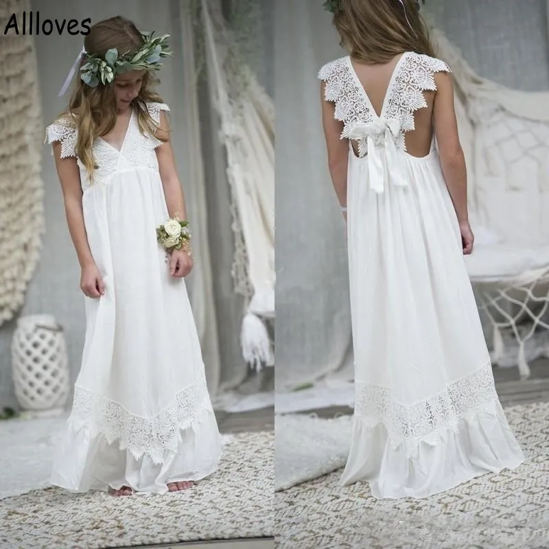 Boho Beach Wedding Flower Girl Dresses Elegant spets En linje enkel liten flickas tävling födelsedagsfest klänningar v nack småbarn barn spädbarn första nattvardsklänning al6765