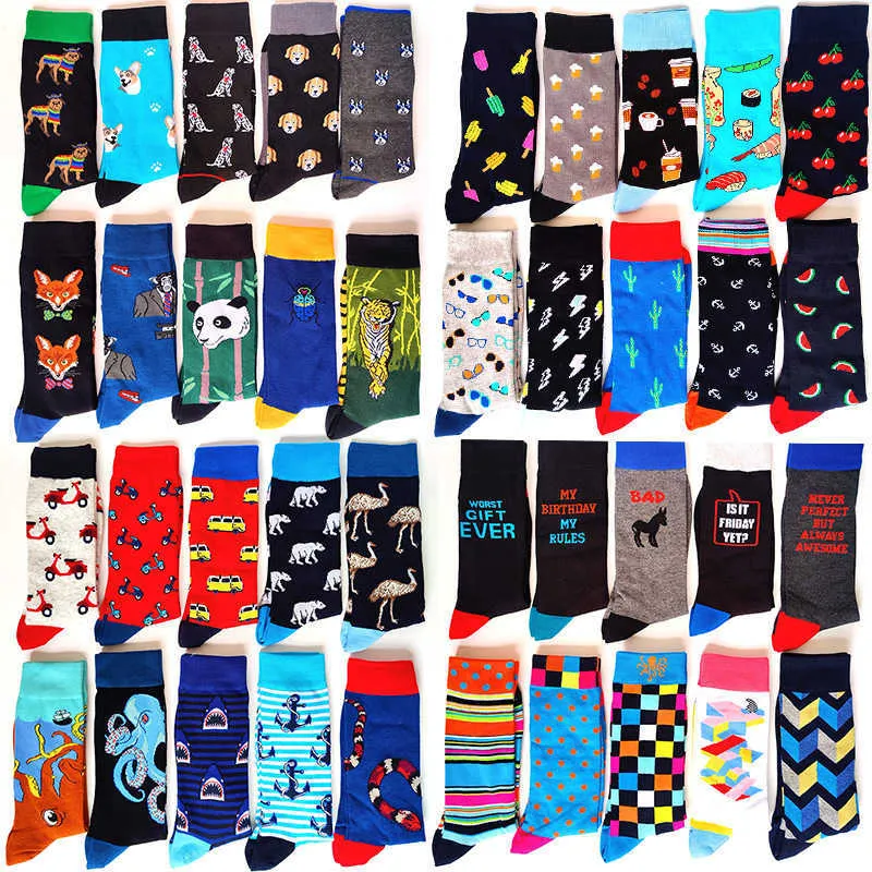 Chaussettes pour hommes 59 Style hommes heureux chaussettes drôles coton Tube équipage chaussette chien voiture lettre Flamingo tigre poulpe pastèque Fruits motif hommes Sokken T221011