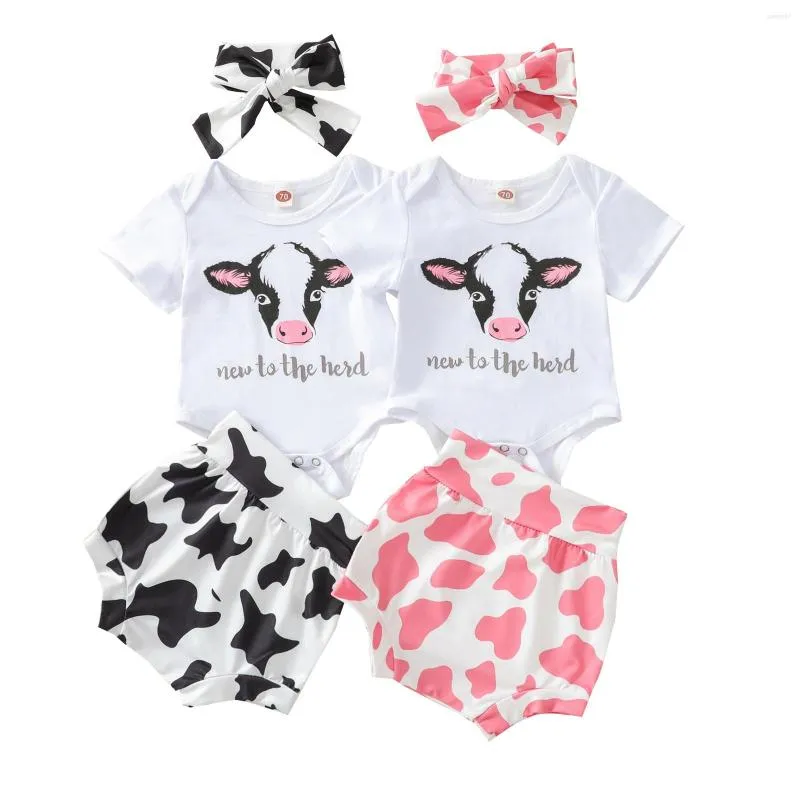 Set di abbigliamento 3 pezzi Born Abiti casual Neonata Lettera Modello mucca Girocollo Manica corta Pagliaccetto Pantaloncini Fascia per capelli