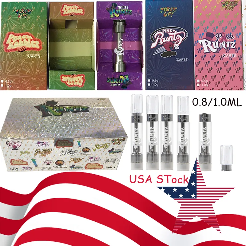 0.8ML 1.0ml Runtz Atomizers Stock In US Vape Cartridges Silver Disposable Vapes Pen Thick Oil Dab Carts Packaging Pyrex Glass 510 Thread 500pcs Per Lot