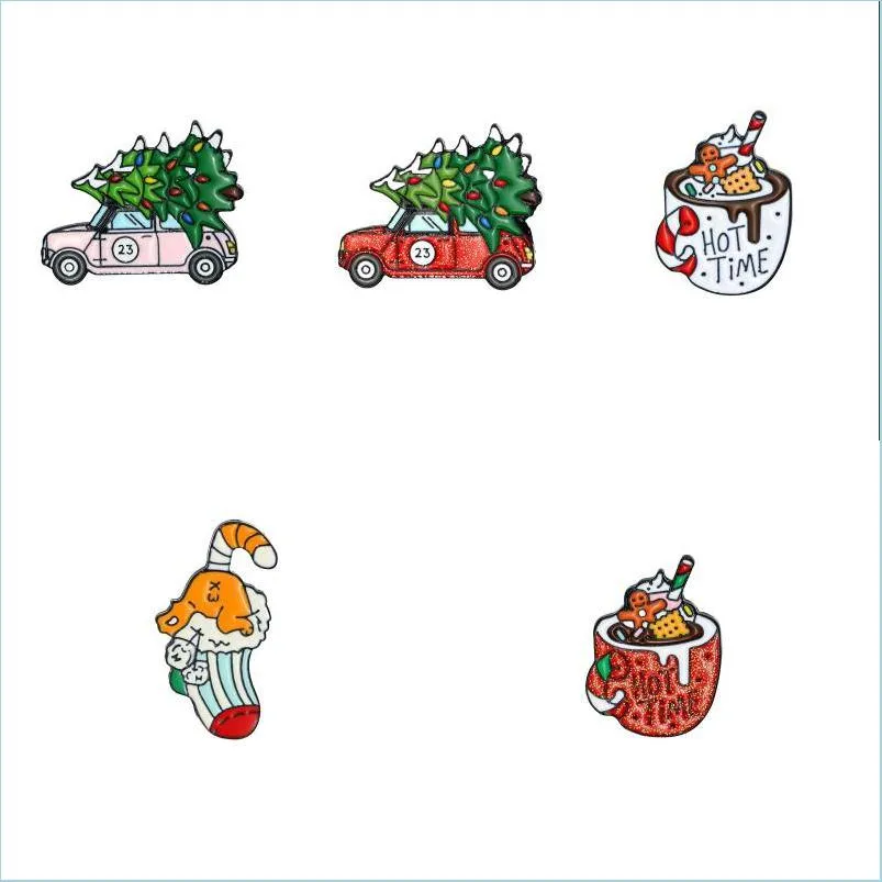 Pins Broschen Cartoon Legierung Weihnachten Pins Ornamente Trolley Glas Süßigkeiten Modellierung Abzeichen Zubehör Socken Tropf Öl Baum Personalit Dhdst