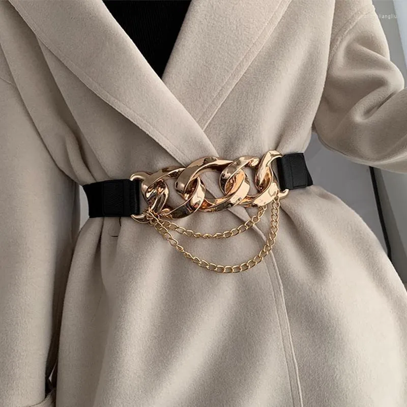 B￤lten Luxury Gold Silver Silver Chain Belt Elastic Metal midja f￶r kvinnor Stretch Cummerbunds Ladies Dress Coat Treater Midjeb￤lten