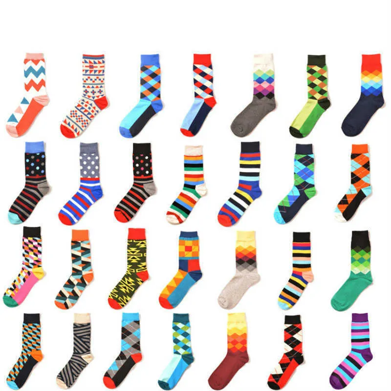 Men's Socks PEONFLY Mens Happy Socks 29 Colors England Style Fashion Classic Geometry Rhombic Stripe Hit Color Harajuku Crew Socks T221011