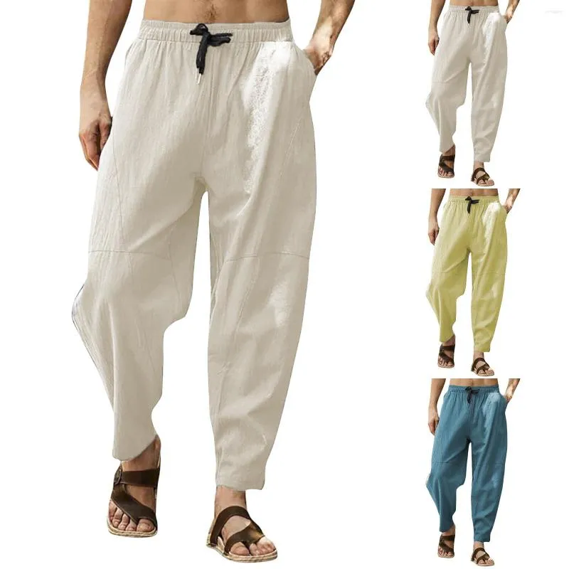 Pantalones para hombres hombres primavera y pantalón de verano casual todos coinciden de color sólido lino de algodón pantalón suelto fashion playa sport bolsillo