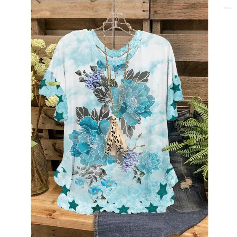 T-shirts pour femmes haut pour femme T-Shirts 3D à volants col rond papillon impression florale manches courtes lâche décontracté été Streetwear