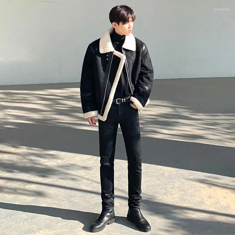 Mäns jackor Autumn Men's Winter Color Block Patchwork Black Cotton POLLED KOREAN Fashion Suede Loose Thick Pur Lamb Coat 2Y4872