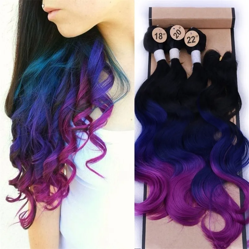 Hair pieces Wignee Synthetic Extension For Black Women Colorful Bundles With Closure 3 Tone Ombre Color Purple Blue Grey 221011