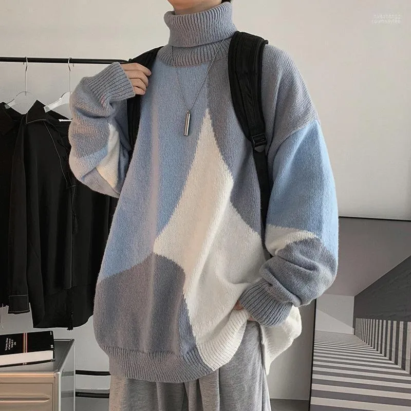 Мужские свитеры мужские зимние мужчины водолазки Sweater 2022 Patchwor Harajuku в корейском стиле высокая шея негабаритная серая палочка для