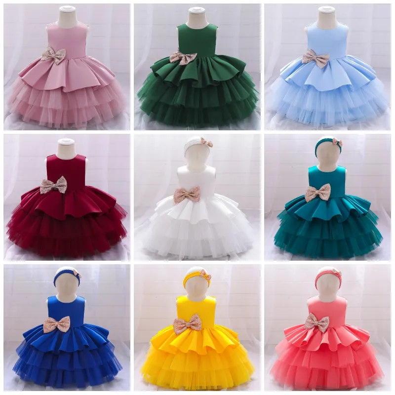 Children Princess Dress Girls Fashion Party Solid Baby Cake Wedding Sequins Bowknot Dress 78 Z2