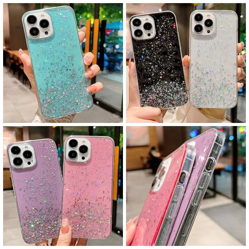 Shinny Confetti Sequin Star Soft TPU Cases For Samsung M53 M33 5G A13 4G A23 A73 A53 A33 A03 Core S22 Ultra Plus M52 5G S21 A32 Luxury Bling Foil Glitter Drop Glue Cover