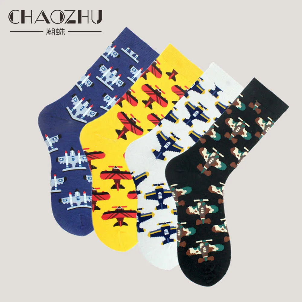 Men's Socks CHAOZHU Men's Funny Socks Cartoon Aircraft Plain Jacquard Fancies Cotton Knitting Long Crew Socks Autumn Winter Fashion Sockken T221011