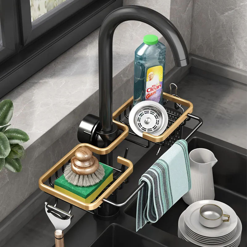 Organisateur Évier Cuisine - Porte-Éponge & Porte-Savon Avec Drainage Rapide, Design Imperméable, Gain De Place Robinet Support Robinet Rangement
