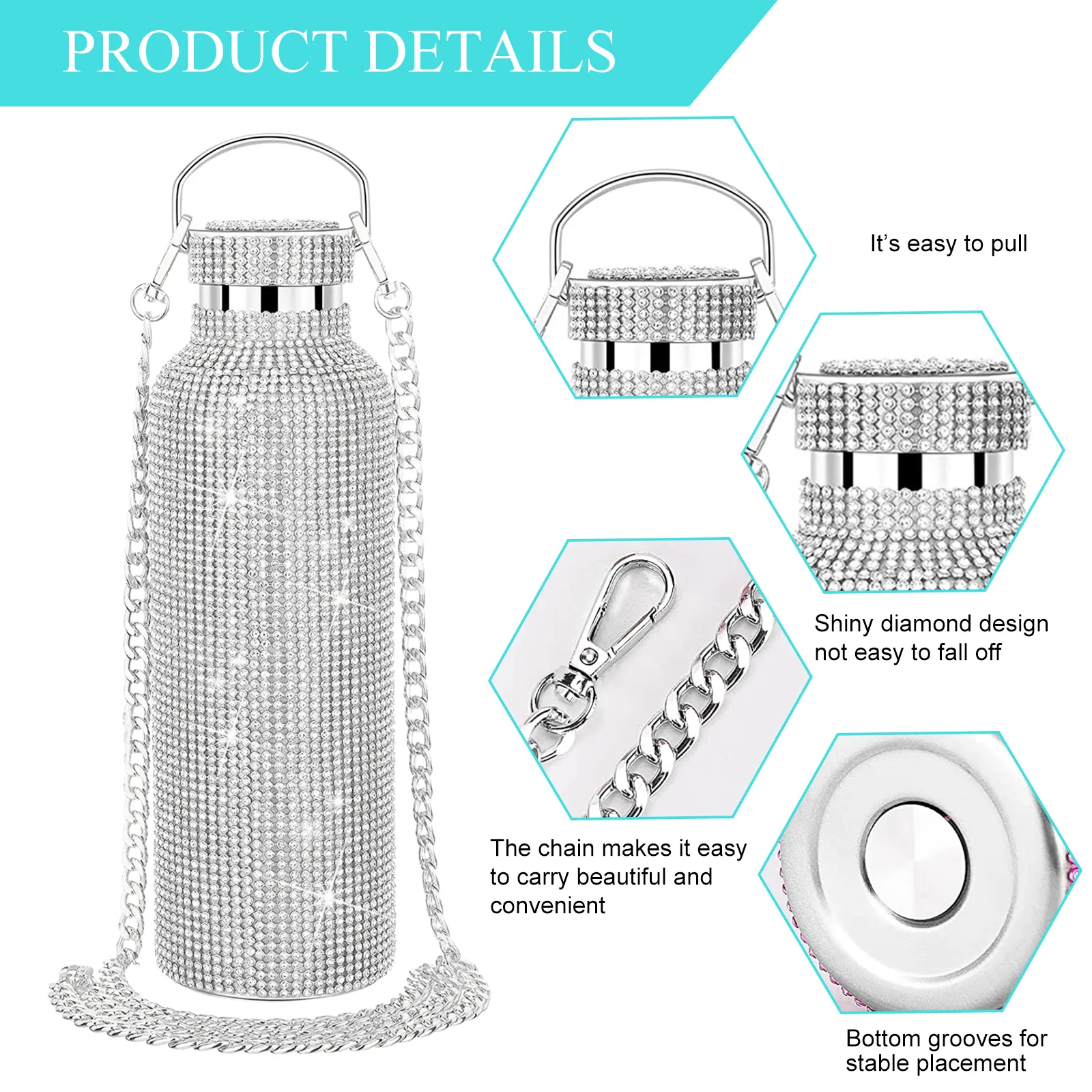 Vattenflaskor Bling Diamond Thermos Bottles Portable Glitter Water Bottle Crossbody rostfritt stål Termisk kolv 350ML500ML750ML 268P