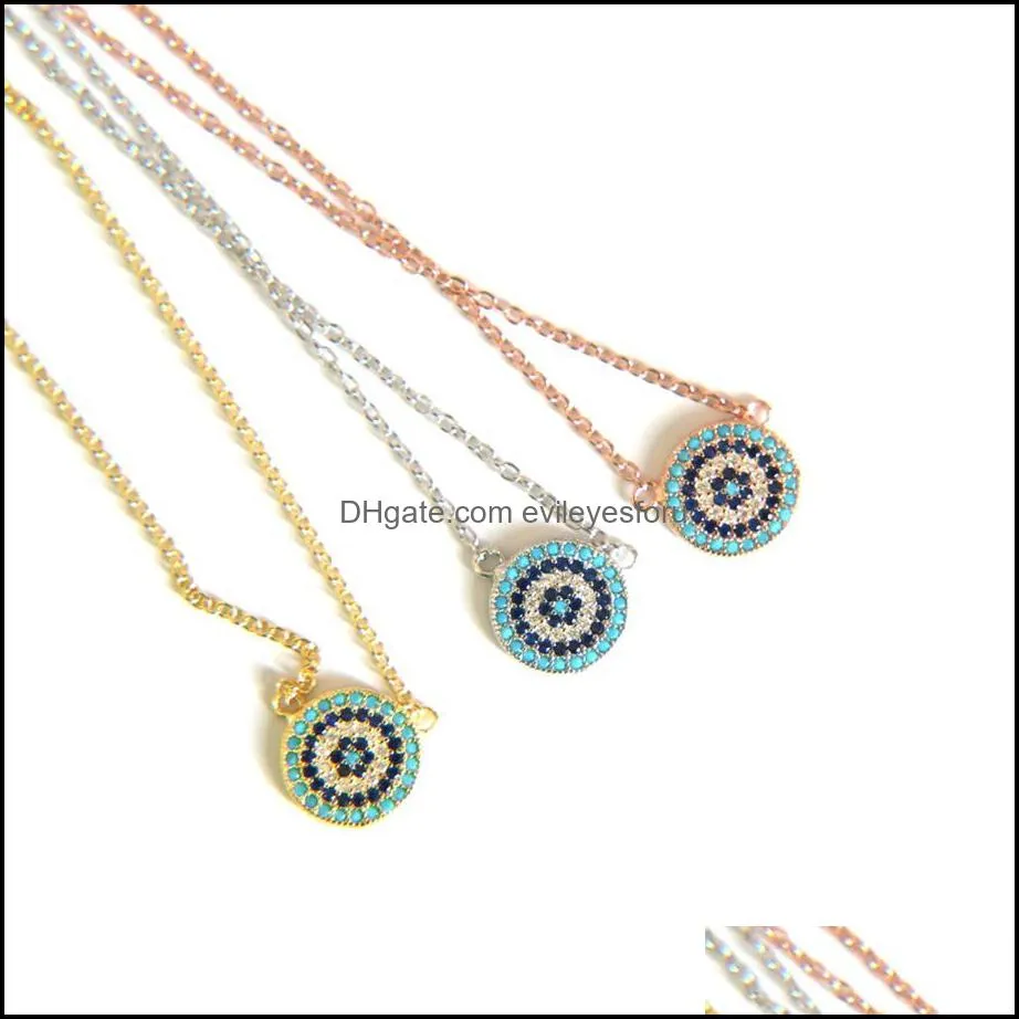 قلادة قلادة 100 ٪ 925 Sterling Sier Classic Necklace Round Disk Micro Pave Colorf CZ Turquoise Evil Eye Charm Lucky Girl Gift C Dhmpn