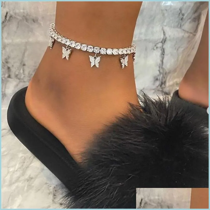 Anklets Gold Butterfly Anklet Rhinestone Crystal Ankle Charm Armband Boho Beach Anklets For Women Sandals Foot Armband Female Wed Dhsbw