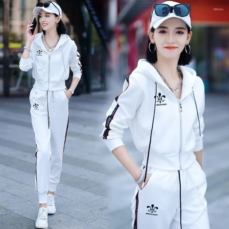 Women's Two Piece Pants Women's Spring Autumn Hooded Sports Suit 2022 Fashion Leisure Cotton Zipper Jacket Corp Tops And Set