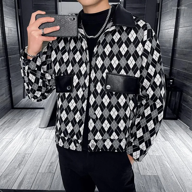 Giacche da uomo 2022 Classic Plaid Uomo Risvolto Reticolo Cuciture PU Giacca Oversize Casual Streetwear Giacca a vento Cappotti Abbigliamento maschile