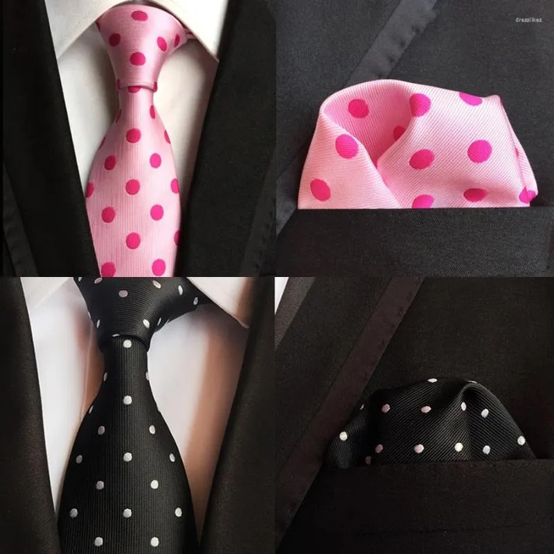 Bow Ties Classic 8cm Silk Polka Dot Sets Black Jacquard Pocket Square Necktie مجموعة للرجال الإكسسوارات Hanky ​​Bridegroom