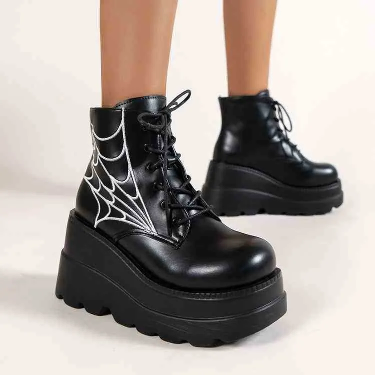 HBP Boots Large Spider Web Embroidery Small Punk Short ins Gothic Lace up Thick Sole Fashion Women's 220920