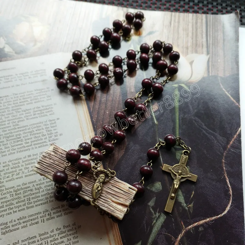 Chapelet Long en bois rouge foncé, croix de jésus, collier catholique Vintage pour hommes et femmes, bijoux religieux