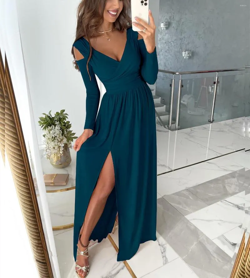 Casual Dresses Women Sexy Elegant Solid Maxi Dress V Neck Long Sleeve Front Split Hollow Out Tunic Black Red Autumn Spring Pary Robe2XL