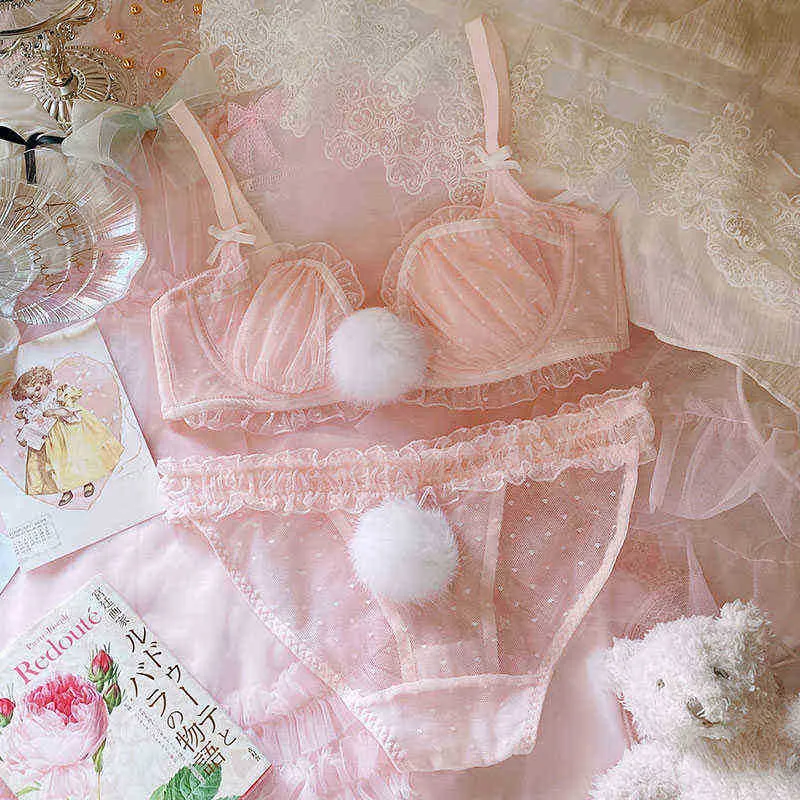 Bras Sets Underwear cute fur ball rabbit tail pink girl bra set sexy lace ultra-thin lingerie set gathered underwire bralette T220907