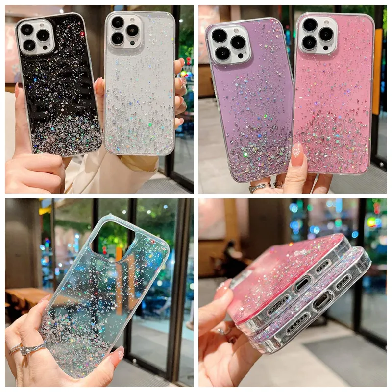 Luxury Confetti Sequin Star Soft TPU Cases For Iphone 15 14 Plus Pro Max 13 12 11 XR XS X 8 7 6 Bling Shinny Foil Glitter Starry Transparent Girls Drop Glue Clear Phone Cover