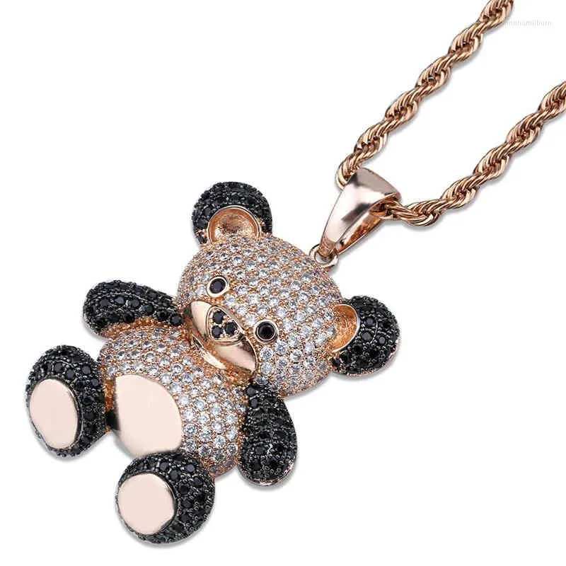 Pendentif Colliers Hip Hop Glacé Zircon Mignon Dessin Animé Panda Collier Or Argent Plaqué Avec Chaîne De Corde En Acier Inoxydable