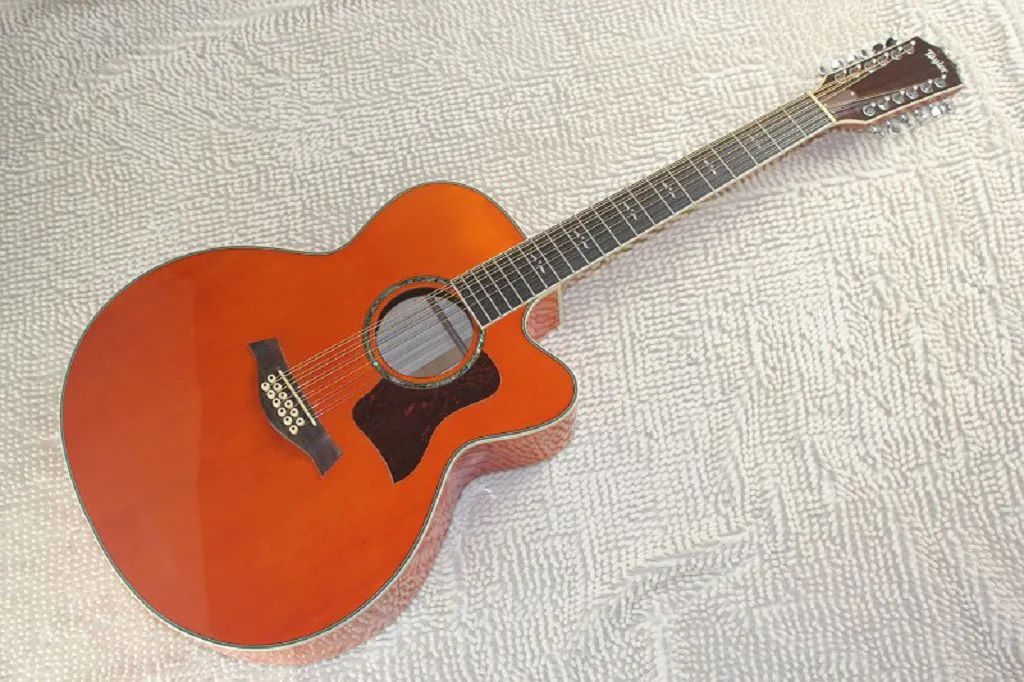 Guitarra eléctrica acústica de 12 cuerdas, naranja, rojo, con pastillas de pescador, venta al por mayor, abeto sólido