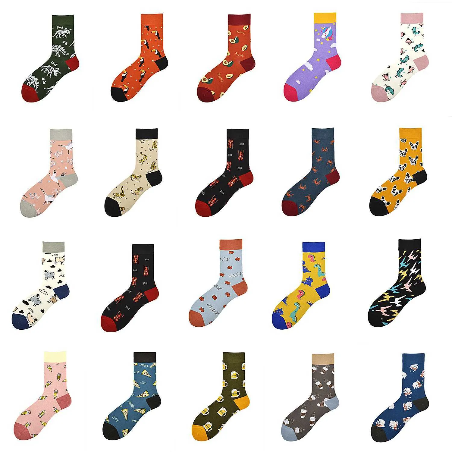 Meias masculinas desenho animado criativo Animal Fruit Food Socks Unicorn Dinosaur Parrot Tiger Avócrado Padrão Happy Man Fashion Fashion Skate T221011