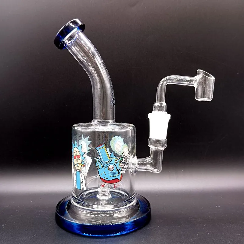 Cartoon Green Blue Glass Water Bong Hookahs Recycler Beaker Oil Dab Rigs for Smoking Pipes,Portable hookah with pattern, handheld hookah hookah set with metal screen